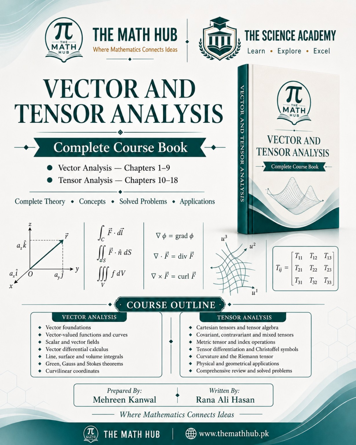 Vector and Tensor Analysis complete course book by The Math Hub, covering Vector Analysis Chapters 1–9 and Tensor Analysis Chapters 10–18.